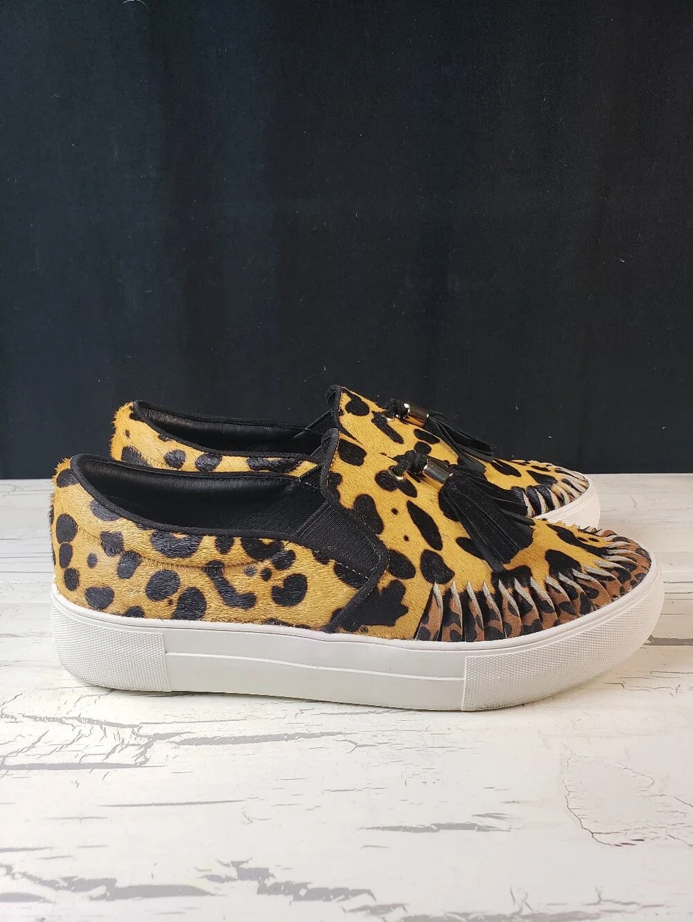 J/Slides NYC Aztec Leopard Print Calf Hair Slip-On Platform Sneakers - size 7.5